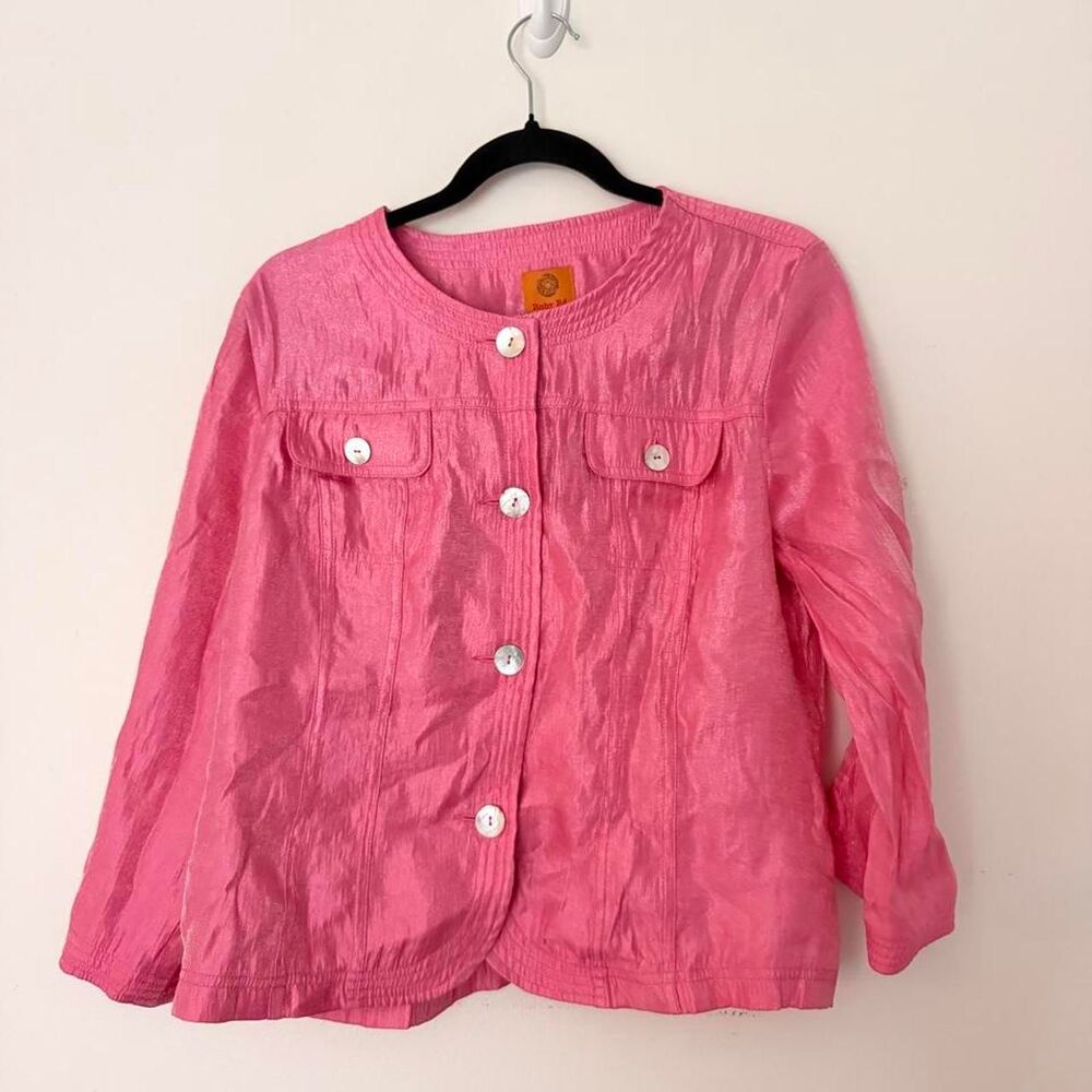 CLASSY Ruby Rd. pink iridescent mother of pearl button jacket, Size 12 🌸
